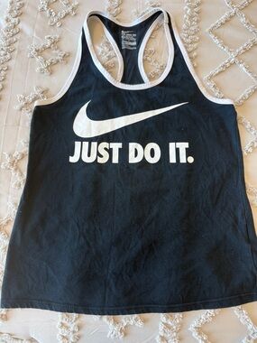 Nike Black Tank Top with White Swoosh and Text